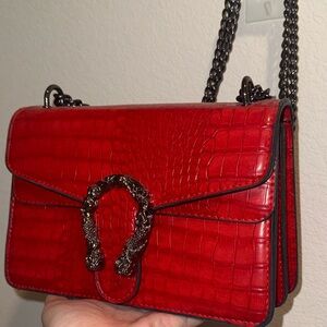 Red Croc-Embossed Chain Shoulder Bag